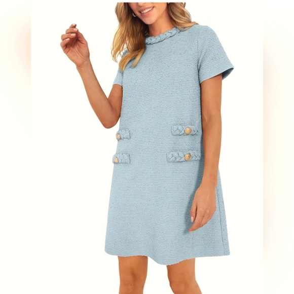 PRETTYGARDEN Women's Tweed Short Dress Crewneck Short Sleeve A Line Mini, New - Picture 3 of 13